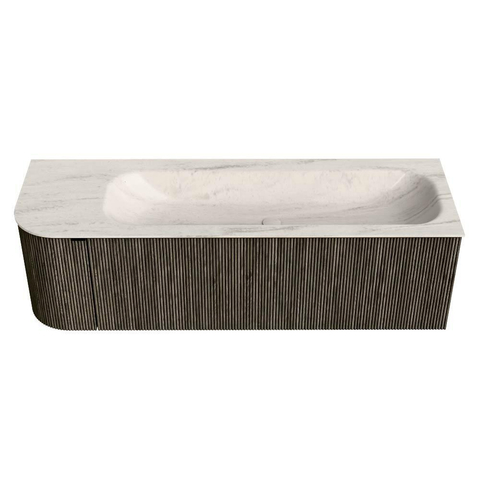 MONDIAZ KURVE-DLUX Meuble de salle de bains 145 cm arrondi à gauche couleur Shadow avec 1 tiroir et 1 porte. Lavabo BIG LARGE à droite sans trou de robinet Meli. SW1431830