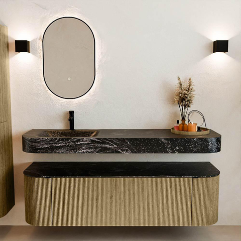 MONDIAZ THOR-DLUX 160cm meuble de salle de bains arrondi gauche + droite couleur Dusk avec 1 tiroir et 2 portes. Vasque suspendue CLOUD Gauche 1 trou de robinet couleur Lava. SW1465269