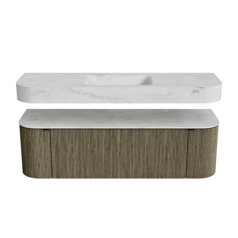 MONDIAZ THOR-DLUX 150cm badmeubel ronding links + rechts kleur Shadow met 1 lade en 2 deuren. Vrijhangende wastafel CLOUD Midden 1 kraangat kleur Opalo. SW1464698