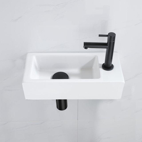 QeramiQ Fuente pack lave-mains – 37,5 x 18,5 x 9 cm – céramique blanc brillant – perçage à droite – robinet noir mat SW1232727
