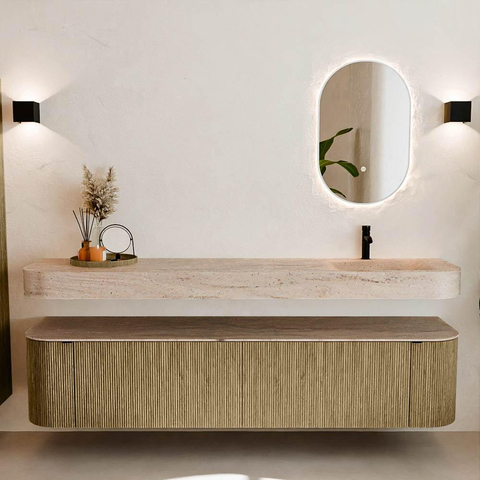 MONDIAZ THOR-DLUX 200cm meuble de salle de bains arrondi gauche + droite couleur Dusk avec 2 tiroirs et 2 portes. Vasque suspendue CLOUD Droite 1 trou de robinet couleur Saba. SW1467229