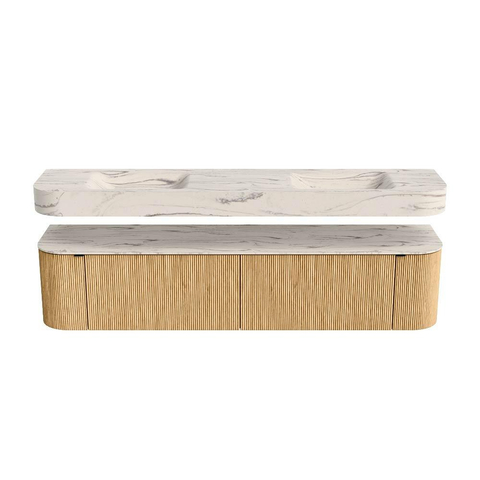 MONDIAZ THOR-DLUX 200cm meuble de salle de bains arrondi gauche + droite couleur Oak avec 2 tiroirs et 2 portes. Vasque suspendue CLOUD Double 2 trous de robinet couleur Nata. SW1467143