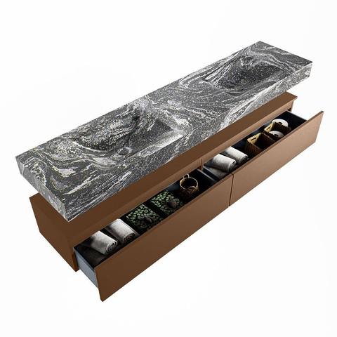 Mondiaz ALAN-DLUX Ensemble de meuble - 200cm - meuble Rust mat - 2 tiroirs - Lavabo Cloud Lava suspendu - vasque Gauche et droite - 0 trous de robinet SW808304