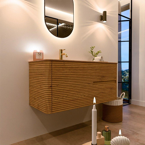 Mondiaz CIRO-DLUX Meuble de salle de bains - 110x45x50cm - Plan-vasque Solid surface Saba - 1 vasque à gauche - 1 trou de robinet - 2 tiroirs - Chêne SW1531180