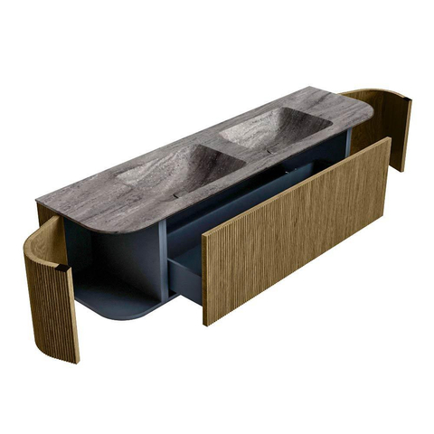 MONDIAZ KURVE-DLUX Meuble de salle de bains 170cm arrondi Gauche + Droite couleur Dusk avec 1 tiroir et 2 portes. Lavabo LEAF Double 2 trous de robinet Oza. SW1433027