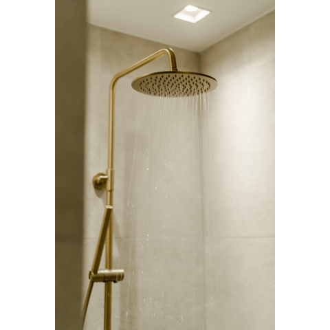 Fortifura Calvi Regendoucheset - thermostatisch - 25cm - hoofddouche - metalen slang - staafhanddouche - PVD - geborsteld messing (goud) SW788000