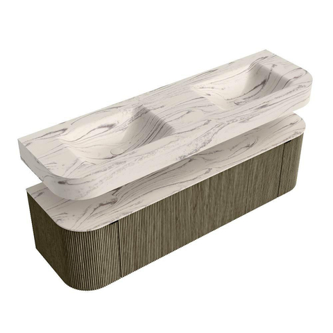 MONDIAZ THOR-DLUX 160cm meuble de salle de bains arrondi gauche + droite couleur Shadow avec 1 tiroir et 2 portes. Vasque suspendue CLOUD Double 2 trous de robinet couleur Nata. SW1465293