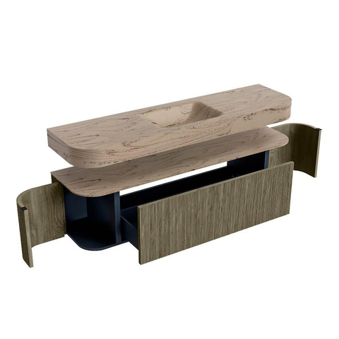 MONDIAZ THOR-DLUX 170cm meuble de salle de bains arrondi gauche + droite couleur Shadow avec 1 tiroir et 2 portes. Vasque suspendue CLOUD Milieu 1 trou de robinet couleur Arena. SW1465816