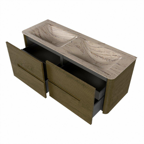 Mondiaz CIRO-DLUX Meuble de salle de bains - 130x45x50cm - Plan vasque solid surface Arena - 2 bassins Double - sans trous de robinet - 4 tiroirs - Dusk SW1533103
