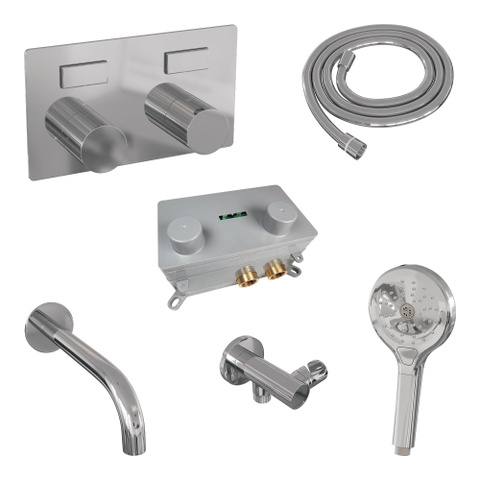 BRAUER Stripe Mitigeur thermostatique baignoire - boutons-poussoirs - SET 04 - encastré - bec - douchette à main 3 positions - flexible de douche - coude mural - chrome SW1434740