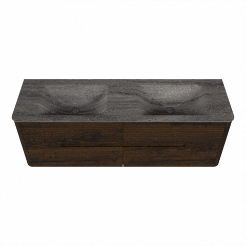 Mondiaz CIRO-DLUX Badkamermeubelset - 150x45x50cm - Solid surface wastafel Oza - 2 wasbak Dubbel - 2 kraangaten - 4 lades - Walnut SW1530645