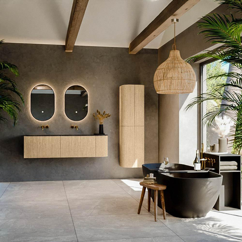 MONDIAZ KURVE-DLUX meuble de salle de bains 155cm avec module 25 R couleur Chêne avec 2 tiroirs et 1 porte. Lavabo LEAF double / gauche sans trou de robinet couleur Lava. SW1137213