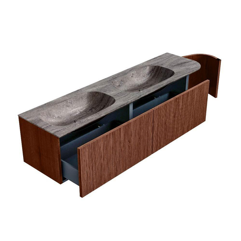 MONDIAZ KURVE-DLUX Meuble de salle de bains 175cm arrondi à droite couleur Ruby avec 2 tiroirs et 1 porte. Lavabo STOR SMALL Double / Gauche 2 trous de robinet Oza. SW1432843