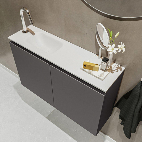 MONDIAZ TURE Toiletmeubel 80x23x50cm met 1 kraangaten 2 deuren dark grey mat Wastafel Eden links Solid Surface Wit SW474932
