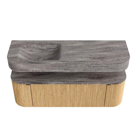 MONDIAZ THOR-DLUX 140cm meuble de salle de bains arrondi gauche + droite couleur Oak avec 1 tiroir et 2 portes. Vasque suspendue CLOUD Gauche sans trou de robinet couleur Oza. SW1464244