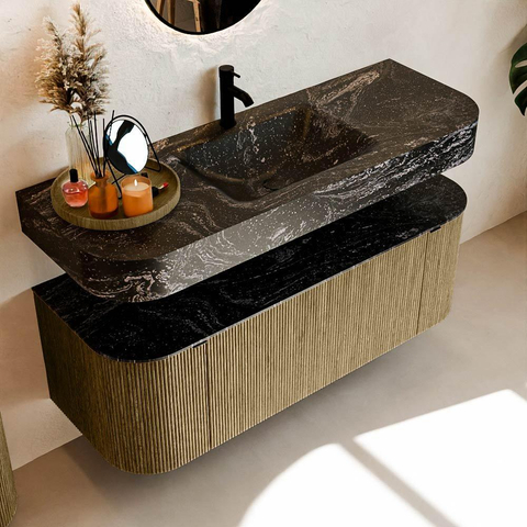 MONDIAZ THOR-DLUX 130cm meuble de salle de bains arrondi gauche + droite couleur Dusk avec 1 tiroir et 2 portes. Vasque suspendue CLOUD Milieu 1 trou de robinet couleur Lava. SW1463652