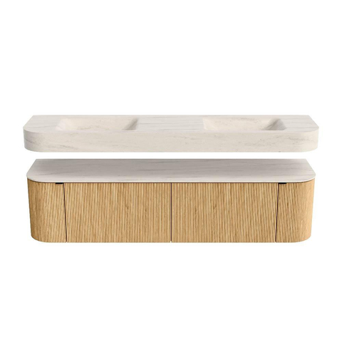 MONDIAZ THOR-DLUX 180cm meuble de salle de bains arrondi gauche + droite couleur Oak avec 2 tiroirs et 2 portes. Vasque suspendue CLOUD Double sans trou de robinet couleur Meli. SW1466174
