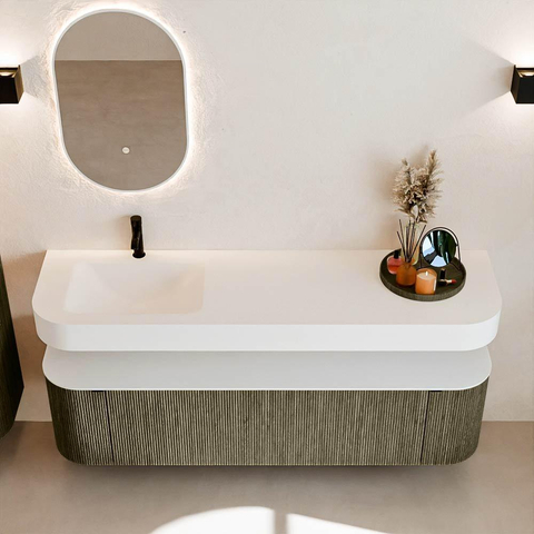 MONDIAZ THOR Meuble de salle de bains 170cm arrondi gauche + droite couleur Shadow avec 1 tiroir et 2 portes. Vasque suspendue CLOUD Gauche 1 trou de robinet couleur Talc. SW1465514