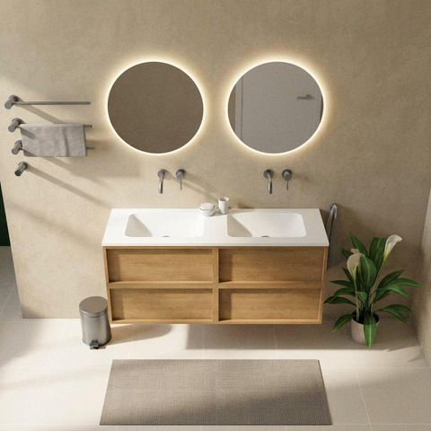 Saniclass Holz Frame Badkamermeubelset - 140x45x77.5cm - Torino solid surface wastafel wit - zonder kraangat - 4 lades - mat eiken natural (hout) SW1579924