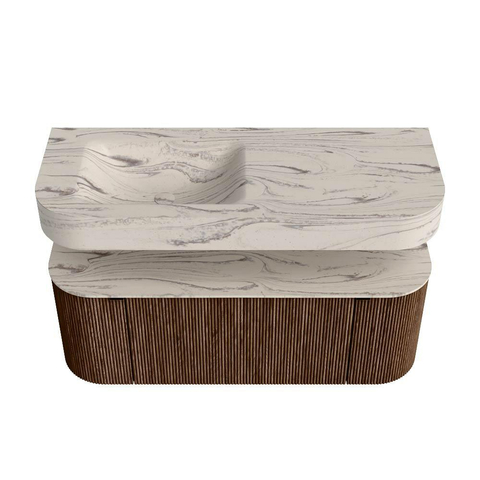 MONDIAZ THOR-DLUX 120cm badmeubel ronding links + rechts kleur Walnut met 1 lade en 2 deuren. Vrijhangende wastafel CLOUD Links 1 kraangat kleur Nata. SW1463370
