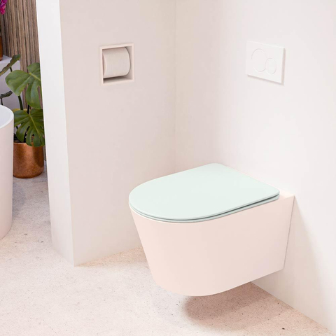 Mondiaz LAVIE hangtoilet – spoelrandloos – 36 x 53 cm – met softclose zitting – Rosee (roze), zitting Greey (lichtgroen/grijs) SW1208625