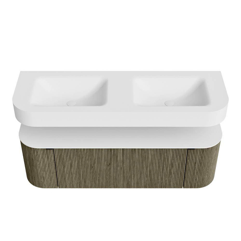 MONDIAZ THOR 140cm meuble de salle de bains arrondi gauche + droite couleur Shadow avec 1 tiroir et 2 portes. Vasque suspendue CLOUD Double sans trou de robinet couleur Talc. SW1464137