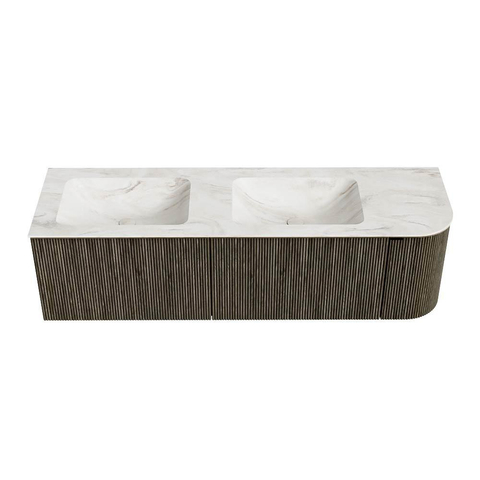 Mondiaz KURVE-DLUX Ensemble de meubles de salle de bains - 155x46x40cm - 2 tiroirs - 1 porte - lavabo solid surface - double / gauche - 2 trous de robinet - Shadow SW1414499