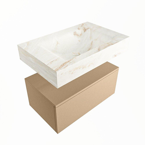 Mondiaz ALAN-DLUX Ensemble de meuble - 70cm - meuble Oro mat - 1 tiroir - Lavabo Cloud Frappe suspendu - vasque Centre - 0 trous de robinet SW805009