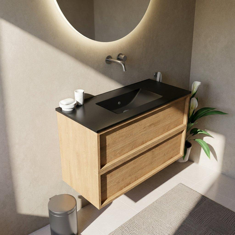 Saniclass Holz Frame Ensemble meuble de salle de bains - 100x45x62cm - Lavabo Vygo en céramique noir - 1 vasque - sans trou de robinetterie - 2 tiroirs - chêne natural mat (bois) SW1580008