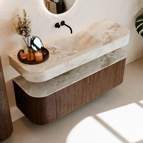 MONDIAZ THOR-DLUX 140cm badmeubel ronding links + rechts kleur Walnut met 1 lade en 2 deuren. Vrijhangende wastafel CLOUD Midden zonder kraangat kleur Frappe. SW1463934