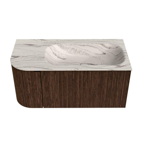MONDIAZ KURVE-DLUX 95cm badmeubel ronding Links kleur Walnut met 1 lade en 1 deur. Wastafel BIG SMALL Rechts zonder kraangat Nata. SW1432158