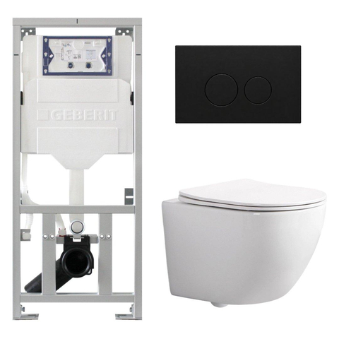 Pack WC QeramiQ Dely Swirl Compact - réservoir encastrable Geberit UP320 - avec bâti-support Burda - abattant slim - plaque de commande en métal noir mat - boutons ronds - blanc brillant SW1592288