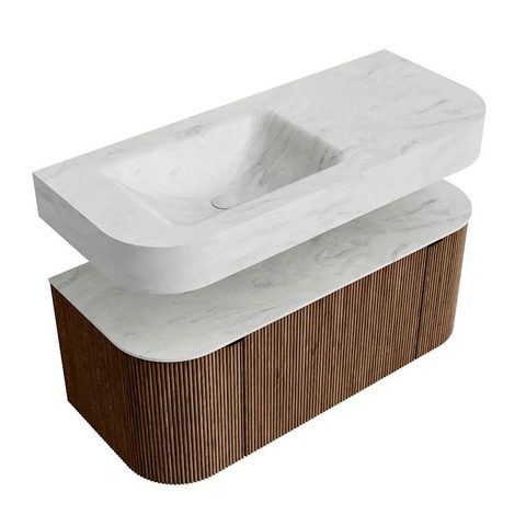 MONDIAZ THOR-DLUX 110cm badmeubel ronding links + rechts kleur Walnut met 1 lade en 2 deuren. Vrijhangende wastafel CLOUD Links 1 kraangat kleur Opalo. SW1462764