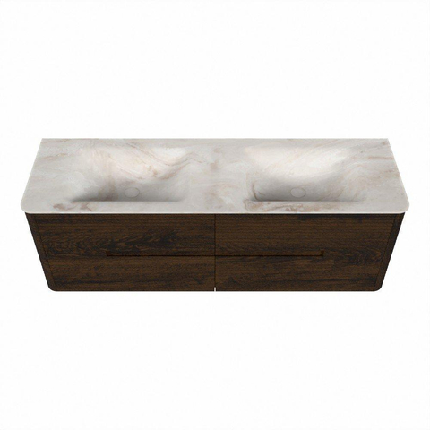 Mondiaz CIRO-DLUX Ensemble de meubles de salle de bains - 150x45x50cm - vasque solid surface Frappe - 2 bassins double - sans trous de robinet - 4 tiroirs - Noyer SW1530247