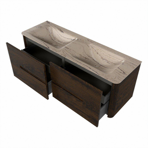 Mondiaz CIRO-DLUX Badkamermeubelset - 140x45x50cm - Solid surface wastafel Arena - 2 wasbak Dubbel - zonder kraangaten - 4 lades - Walnut SW1530456