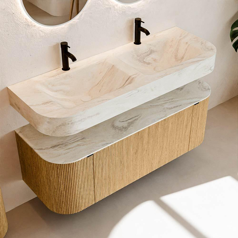MONDIAZ THOR-DLUX Meuble de salle de bains 130cm arrondi gauche + droite couleur Oak avec 1 tiroir et 2 portes. Vasque suspendue CLOUD Double 2 trous de robinet couleur Ostra. SW1463563
