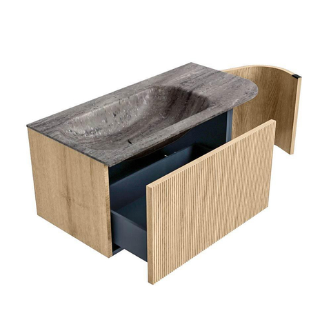 MONDIAZ KURVE-DLUX Meuble de salle de bains 95cm arrondi à droite couleur Chêne avec 1 tiroir et 1 porte. Plan-vasque BIG SMALL à gauche sans trou de robinet Oza. SW1432614