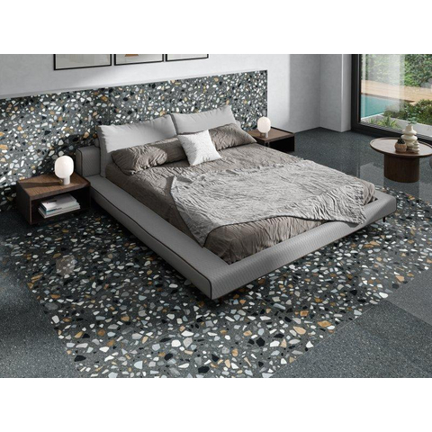 Terravito Hodoro carreau mural et de sol - 59.5x59.5cm - 9.5mm - rectifié - Terrazzo - Noir SW857381