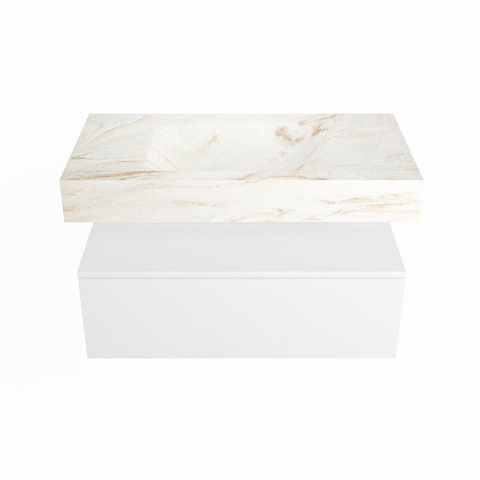 Mondiaz ALAN-DLUX Ensemble de meuble - 90cm - meuble Talc mat - 1 tiroir - Lavabo Cloud Frappe suspendu - vasque Centre - 0 trous de robinet SW804921