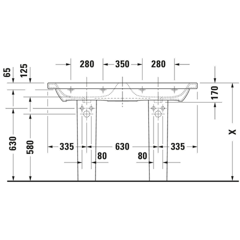 Duravit Durastyle Dubbele wastafel - 130x48cm - met 2 kraangaten - met overloop - wit SW88235