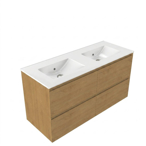 Saniclass Holz Pure Badkamermeubelset - 120x45x60cm - keramische wastafel wit - 2 wasbakken - 2 kraangaten - 4 lades - Eiken Natural SW1441853