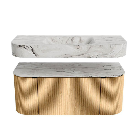 MONDIAZ THOR-DLUX 110cm badmeubel ronding links + rechts kleur Oak met 1 lade en 2 deuren. Vrijhangende wastafel CLOUD Midden zonder kraangat kleur Glace. SW1462734