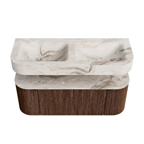 MONDIAZ THOR-DLUX Meuble de salle de bains 120cm arrondi gauche + droite couleur Walnut avec 1 tiroir et 2 portes. Vasque suspendue CLOUD Double 2 trous de robinet couleur Frappe. SW1419185