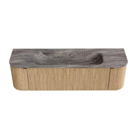MONDIAZ KURVE-DLUX Meuble de salle de bains 160cm arrondi Gauche + Droite couleur Chêne avec 1 tiroir et 2 portes. Lavabo BIG MEDIUM Central sans trou de robinet Oza. SW1432642