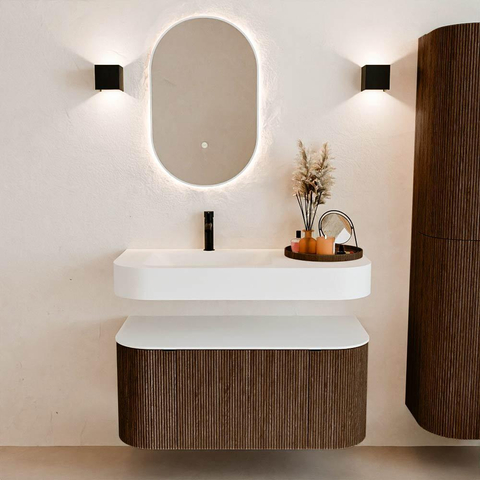 MONDIAZ THOR 100cm meuble de salle de bains arrondi gauche + droite couleur Walnut avec 1 tiroir et 2 portes. Vasque suspendue CLOUD gauche 1 trou de robinet couleur Talc. SW1467337