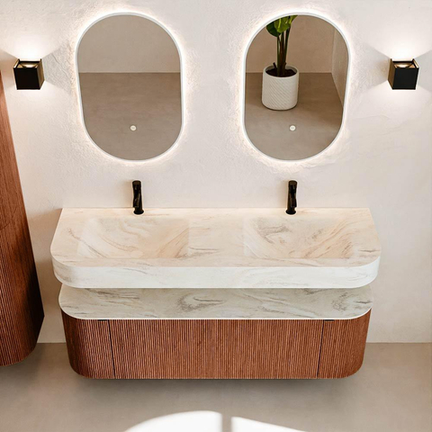 MONDIAZ THOR-DLUX 150cm meuble de salle de bains arrondi gauche + droite couleur Ruby avec 1 tiroir et 2 portes. Vasque suspendue CLOUD Double 2 trous de robinet couleur Ostra. SW1464588
