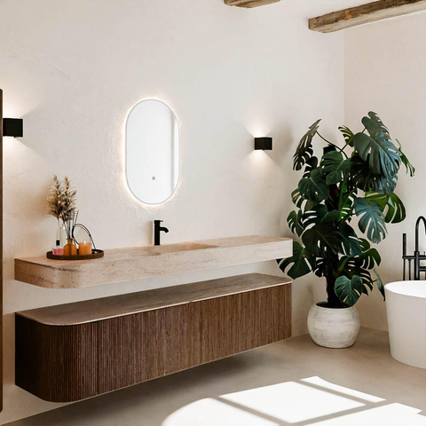 MONDIAZ THOR-DLUX Meuble de salle de bains - 200cm - arrondi gauche + droite - couleur Walnut - 2 tiroirs et 2 portes - Vasque suspendue CLOUD Milieu 1 trou de robinet couleur Saba SW1467219
