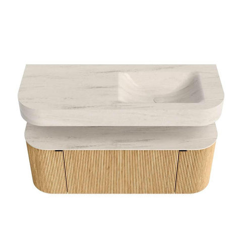 MONDIAZ THOR-DLUX 120cm meuble de salle de bains arrondi gauche + droite couleur Oak avec 1 tiroir et 2 portes. Vasque suspendue CLOUD droite 1 trou de robinet couleur Meli. SW1463320