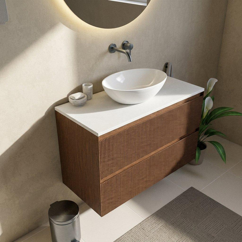 Saniclass Holz Atelier Ensemble de meuble de salle de bains - 100x45x62,5cm - plan de toilette Torino en solid surface blanc - sans trou de robinetterie - 2 tiroirs - noyer pur mat (bois) SW1478705