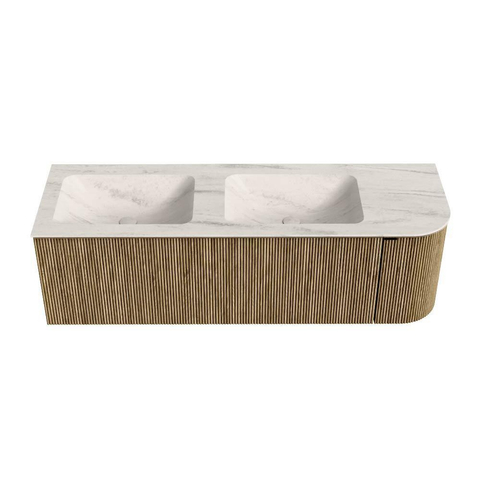 MONDIAZ KURVE-DLUX Meuble de salle de bains 145cm arrondi Droite couleur Dusk avec 1 tiroir et 1 porte. Lavabo LEAF Double / Gauche sans trou de robinet Meli. SW1431917